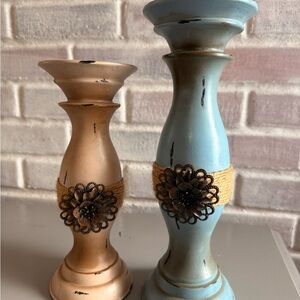 Rustic Blue and Tan Candle Holders